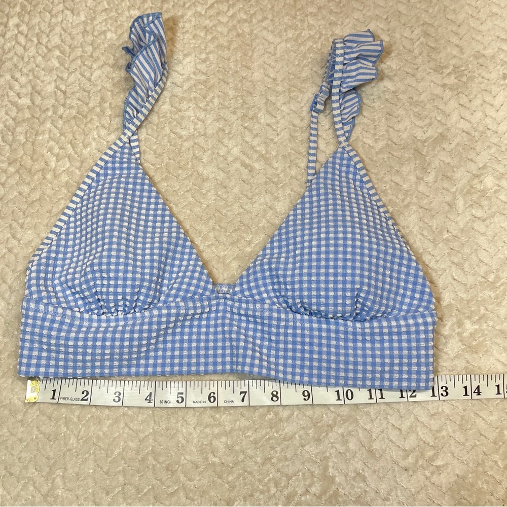 Aerie Pale Blue Gingham Triangle Bikini Top Ruffle Sleeves Women Size Medium - Picture 4 of 7